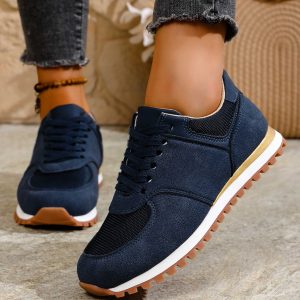 Navy Blue Faux Suede Mixed Patchwork Retro Jogger Sneakers
