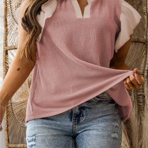 Fushia Plus Size Contrast Frilled Neckline Ruffled Short Sleeve Ribbed Textured Blouse