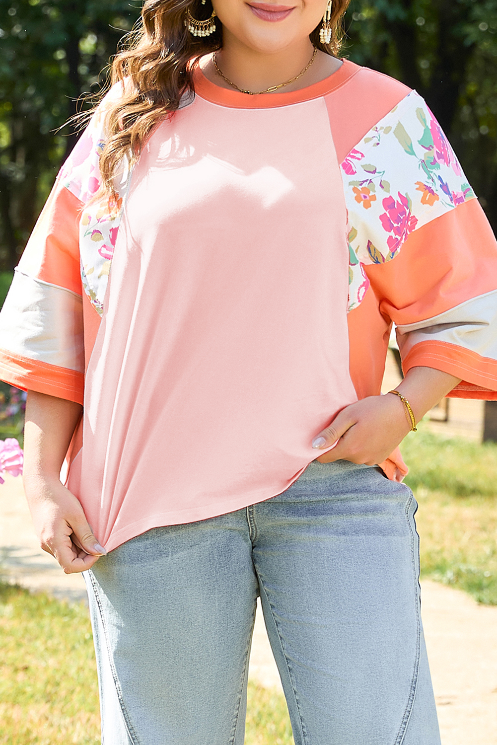Orange Plus Size Floral Print Patchwork Raglan Half Sleeve Top - Image 7