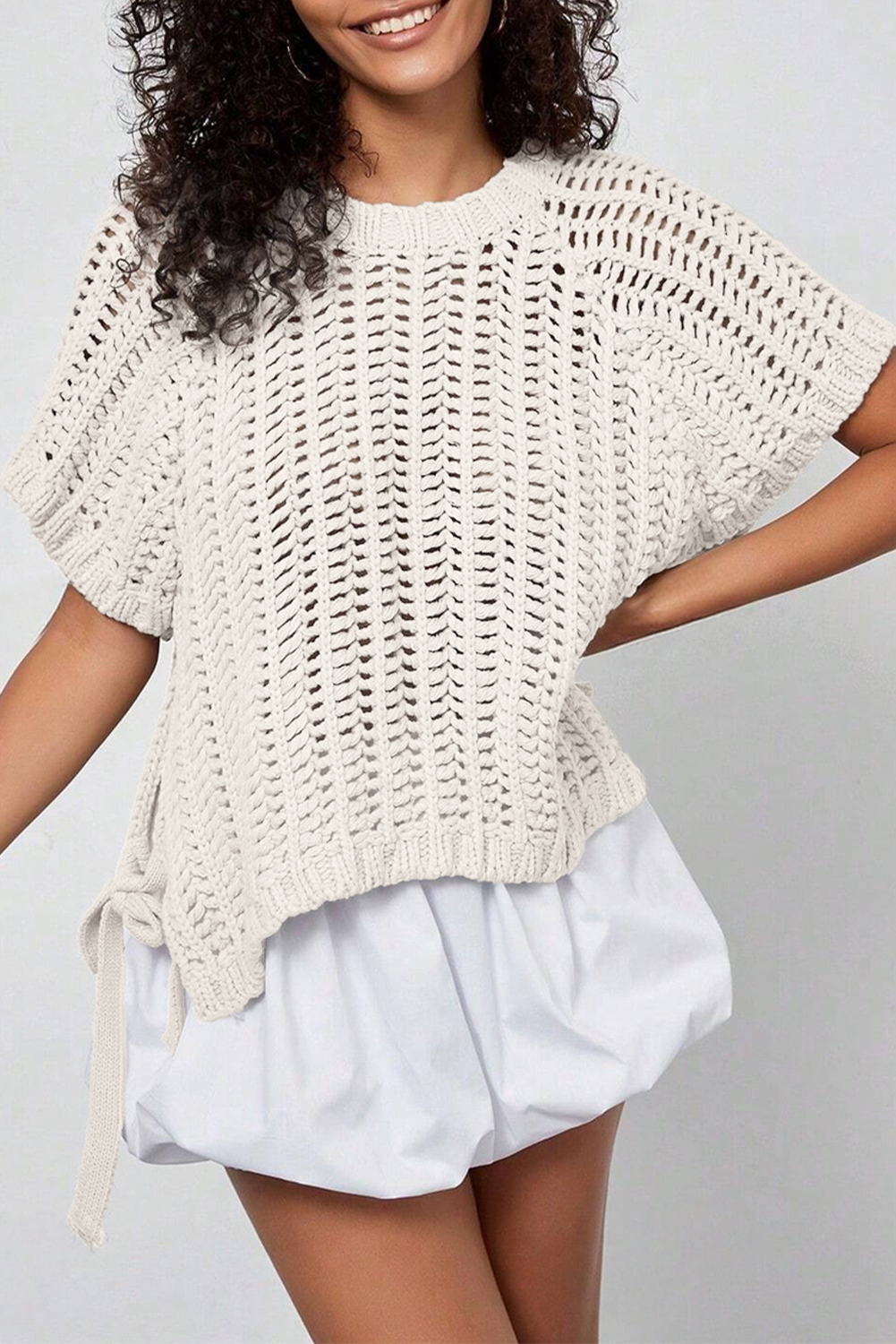 Ashleigh Blue Plus Size Open Knit Bow Tie Short Sleeve Sweater - Image 4