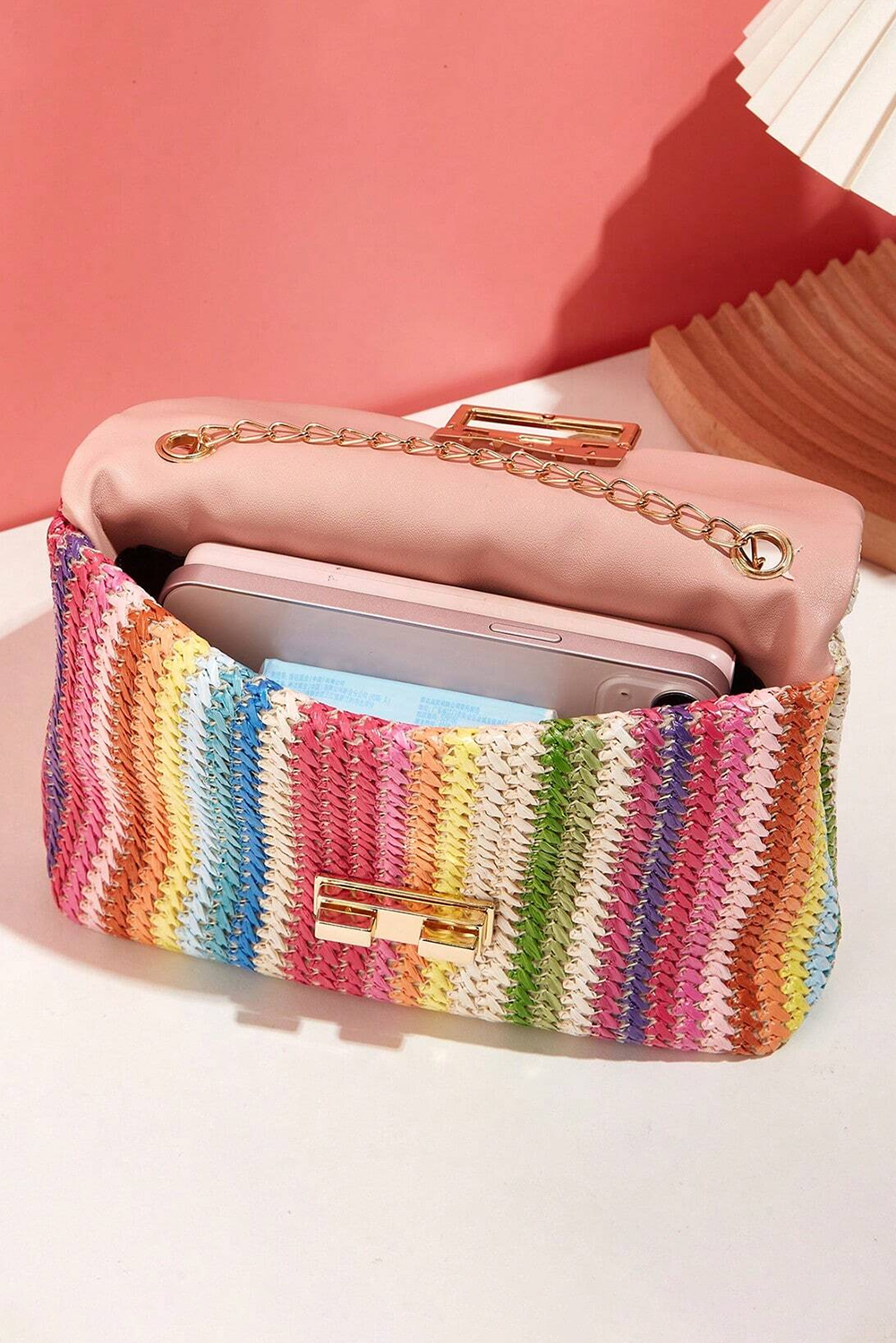 Strawberry Pink Bohemian Woven Gold Chain Shoulder Bag - Image 6