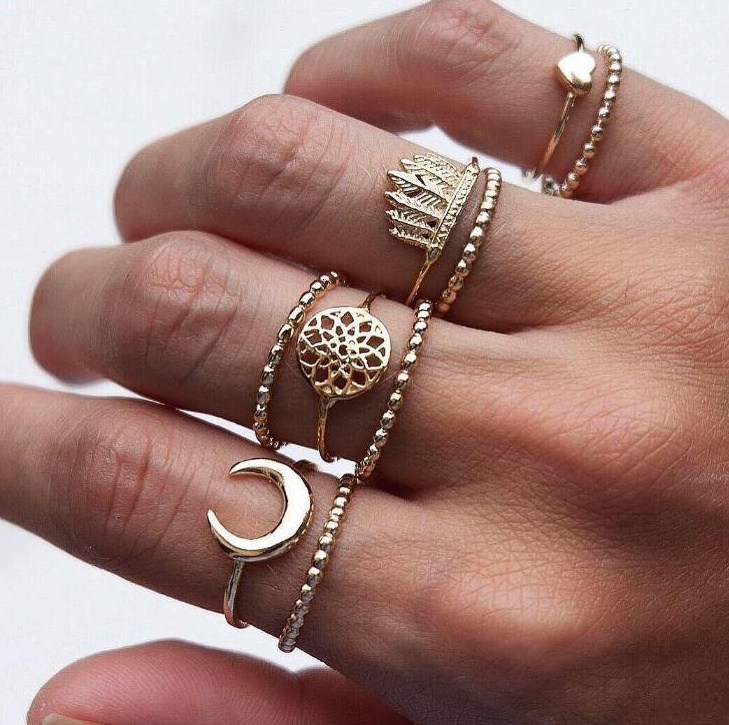 9PCS Midi Rings Set For Women Boho Detailed Metal Moon Feather Crown Dreamcatcher Knuckle Gold Color Ring Fashion Jewelry KB423 - Image 5
