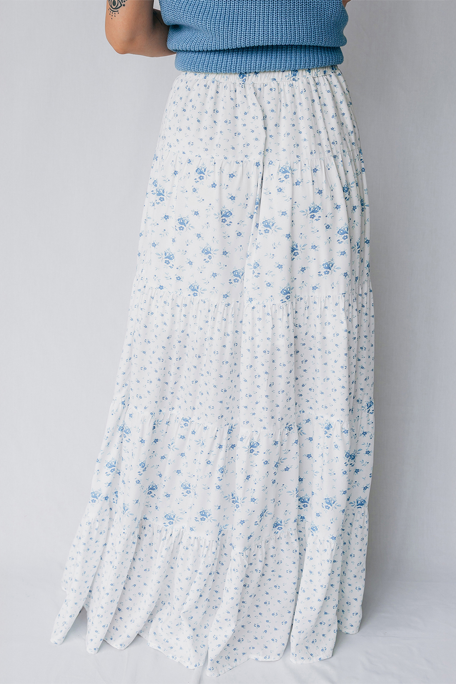 Sky Blue High Waist Tiny Floral Print Boho Maxi Skirt - Image 3