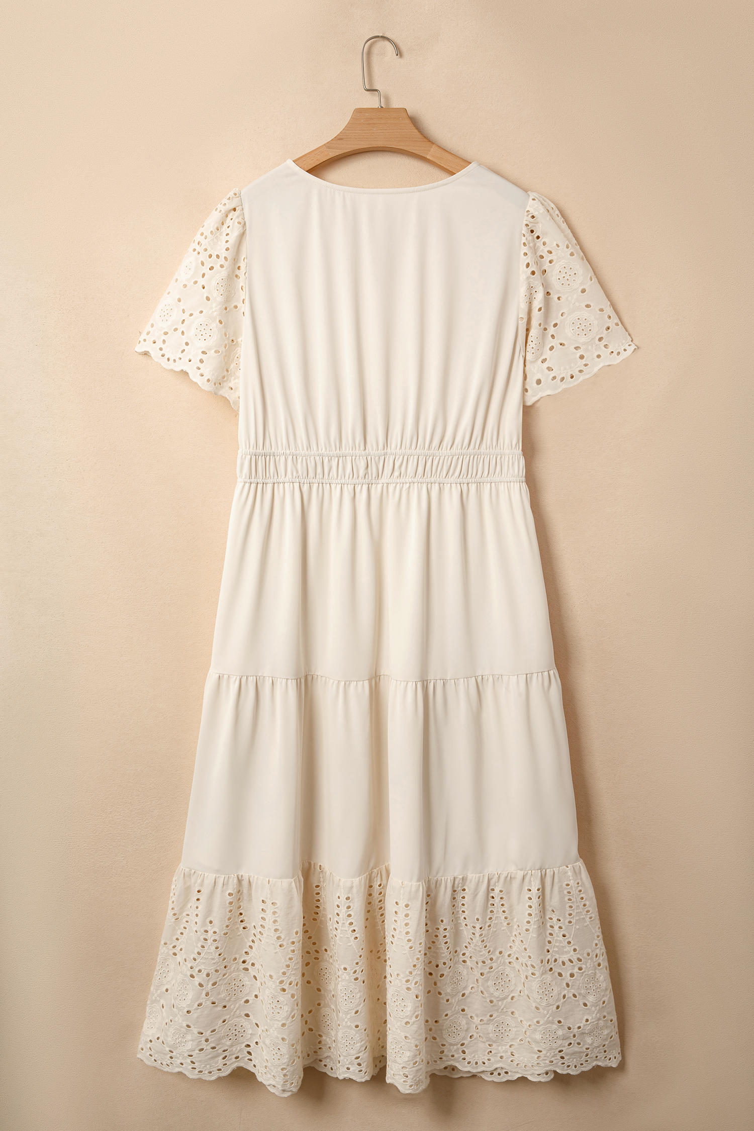 Apricot Plus Size V Neck Lacy Embroidery Patchwork Short Sleeve Maxi Dress - Image 5