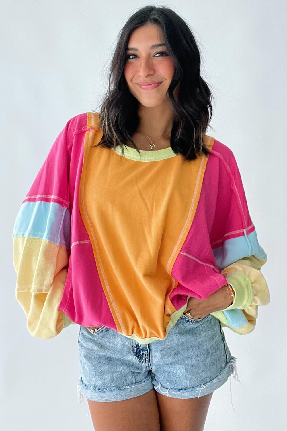 Rose Red Plus Size Colorblock Patchwork Exposed Seam Sweatshirt - Image 4