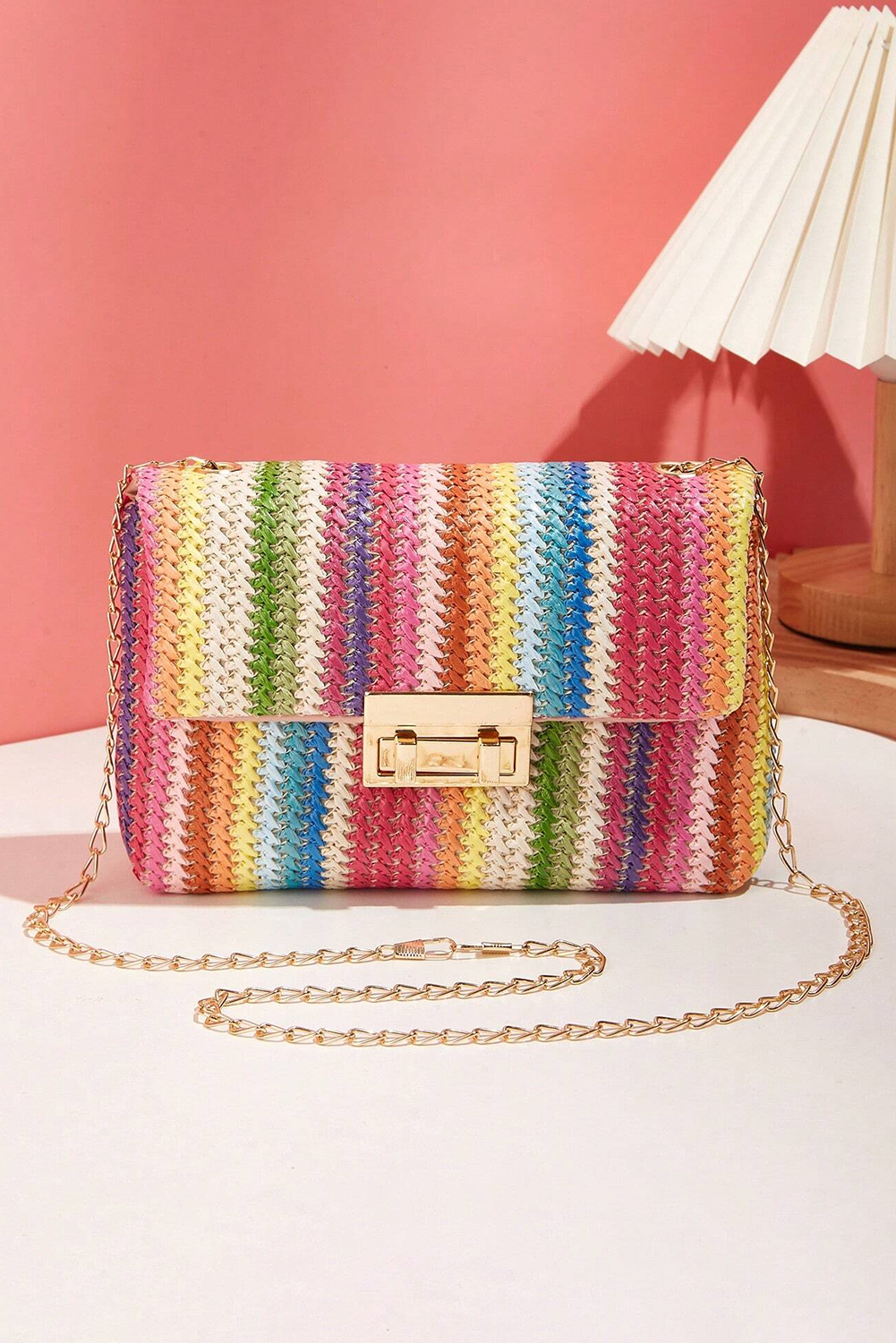 Strawberry Pink Bohemian Woven Gold Chain Shoulder Bag - Image 4