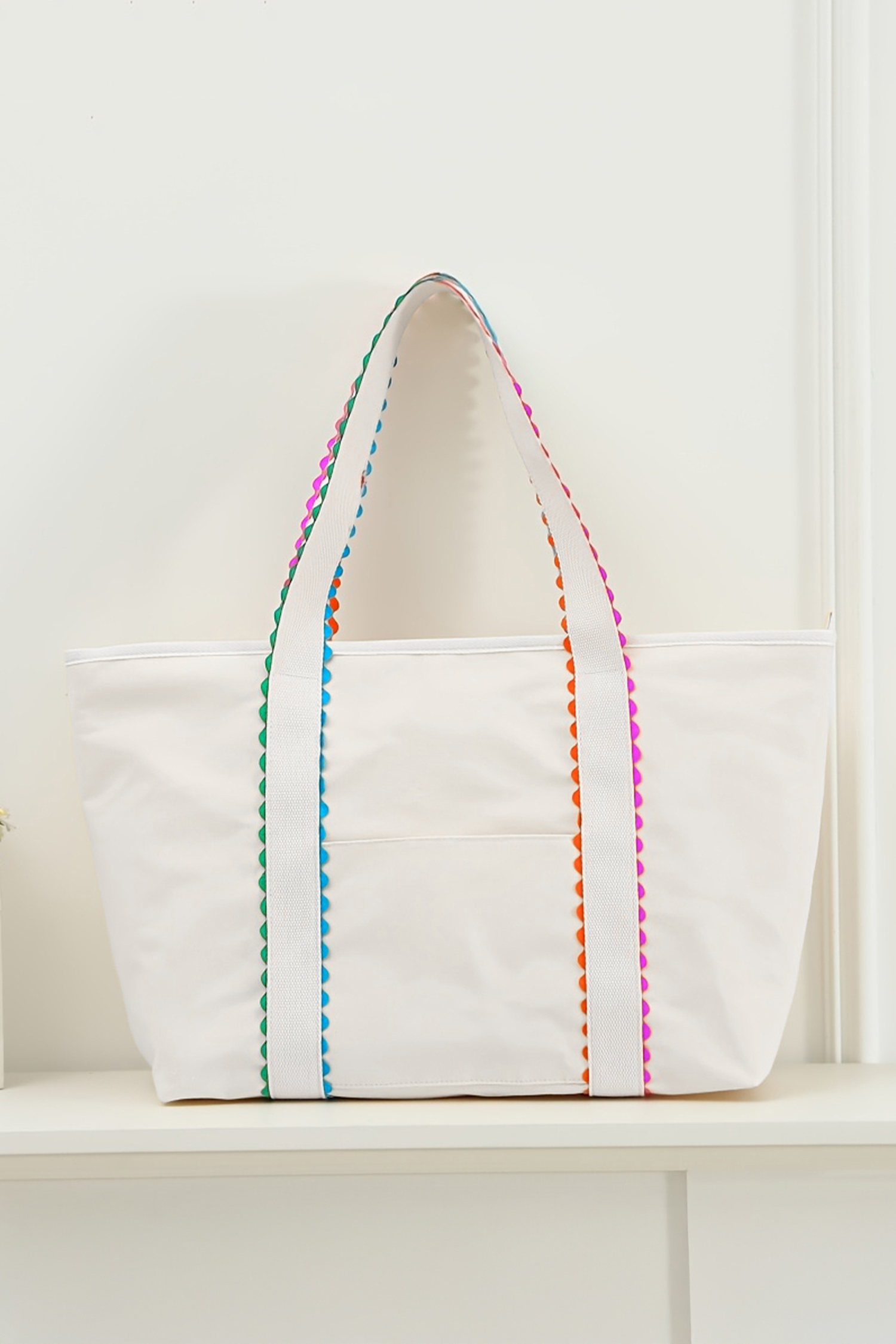 White Colorful Ricrac Detail Canvas Tote Bag - Image 2