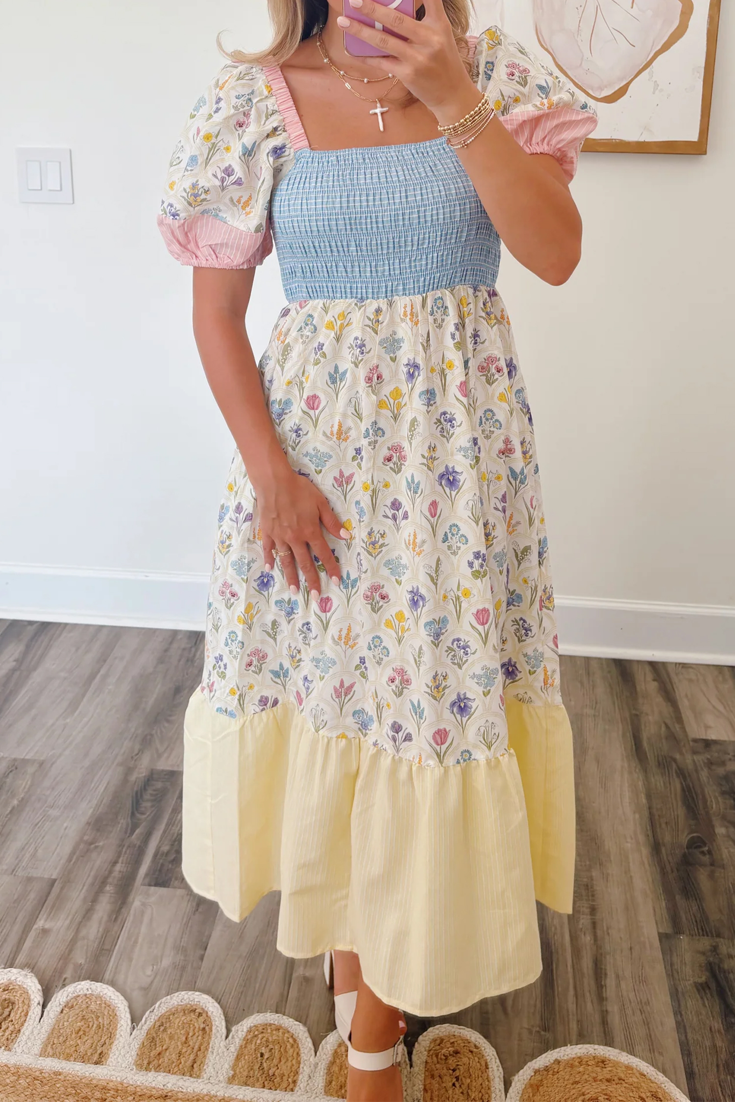 Multicolour Floral Print Striped Color Block Patchwork Square Neck Shirred Long Dress - Image 3