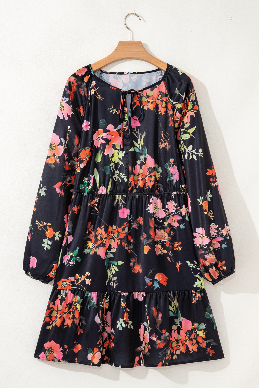 Black Plus Size Floral Print Tie Neck Cinched Waist Long Sleeve Mini Dress - Image 8