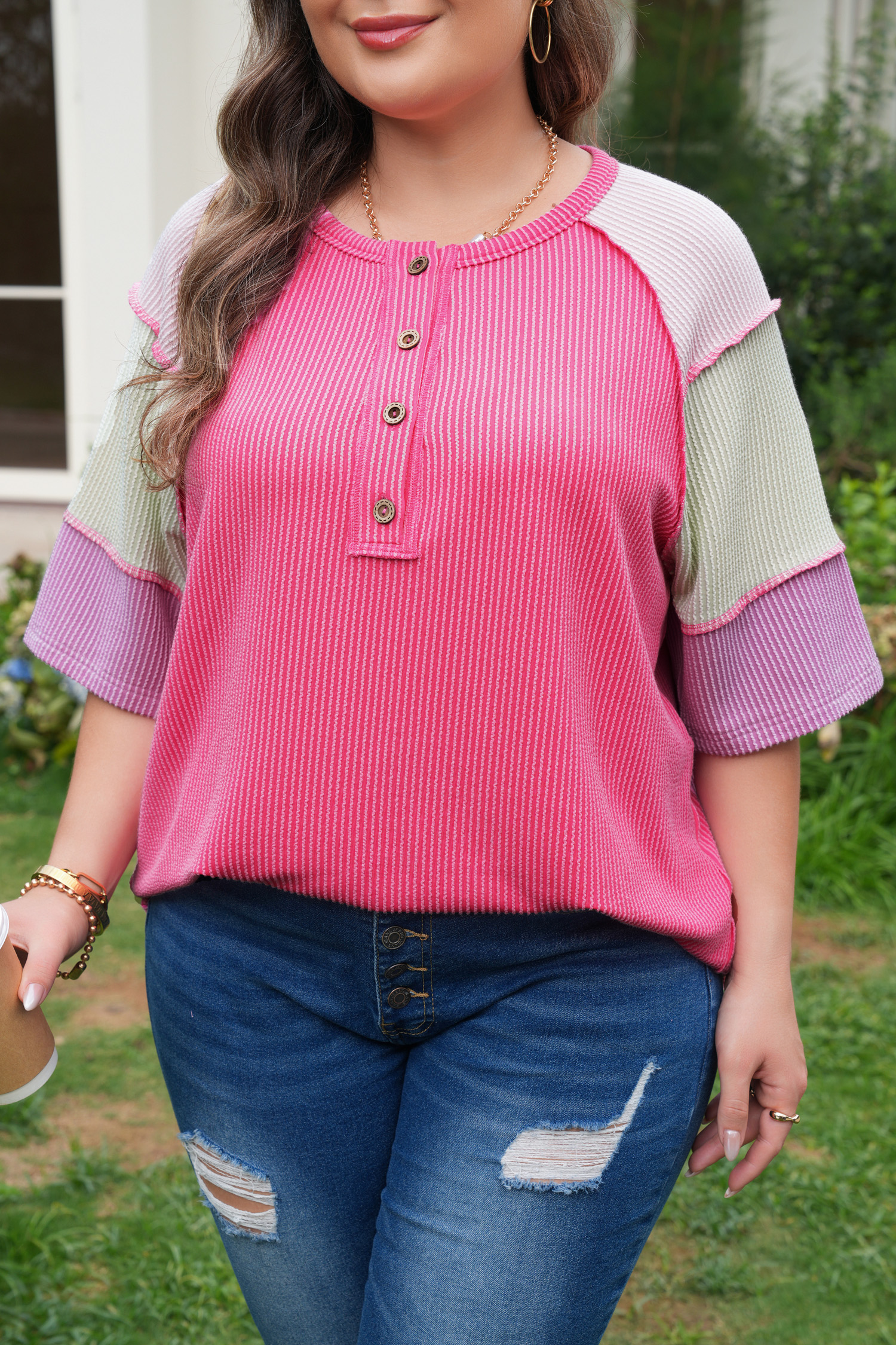 Bright Pink Plus Size Twisted Rib Color Block Patchwork Short Sleeve Henley Top - Image 3