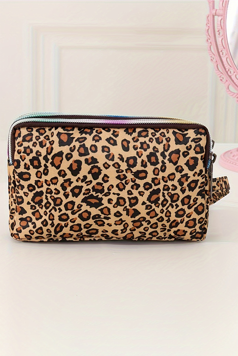 Brown Leopard Print PU Leather Wristlet Zipper Makeup Bag - Image 2