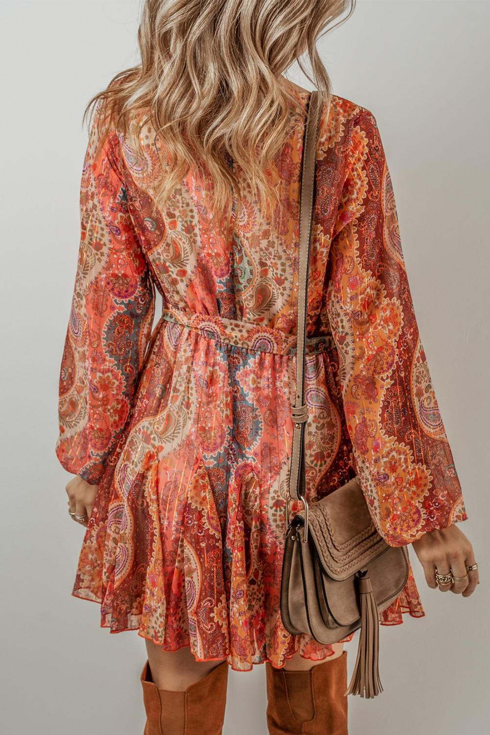 Orange Boho Paisley Print Long Sleeve Pleated Belted Mini Dress - Image 2