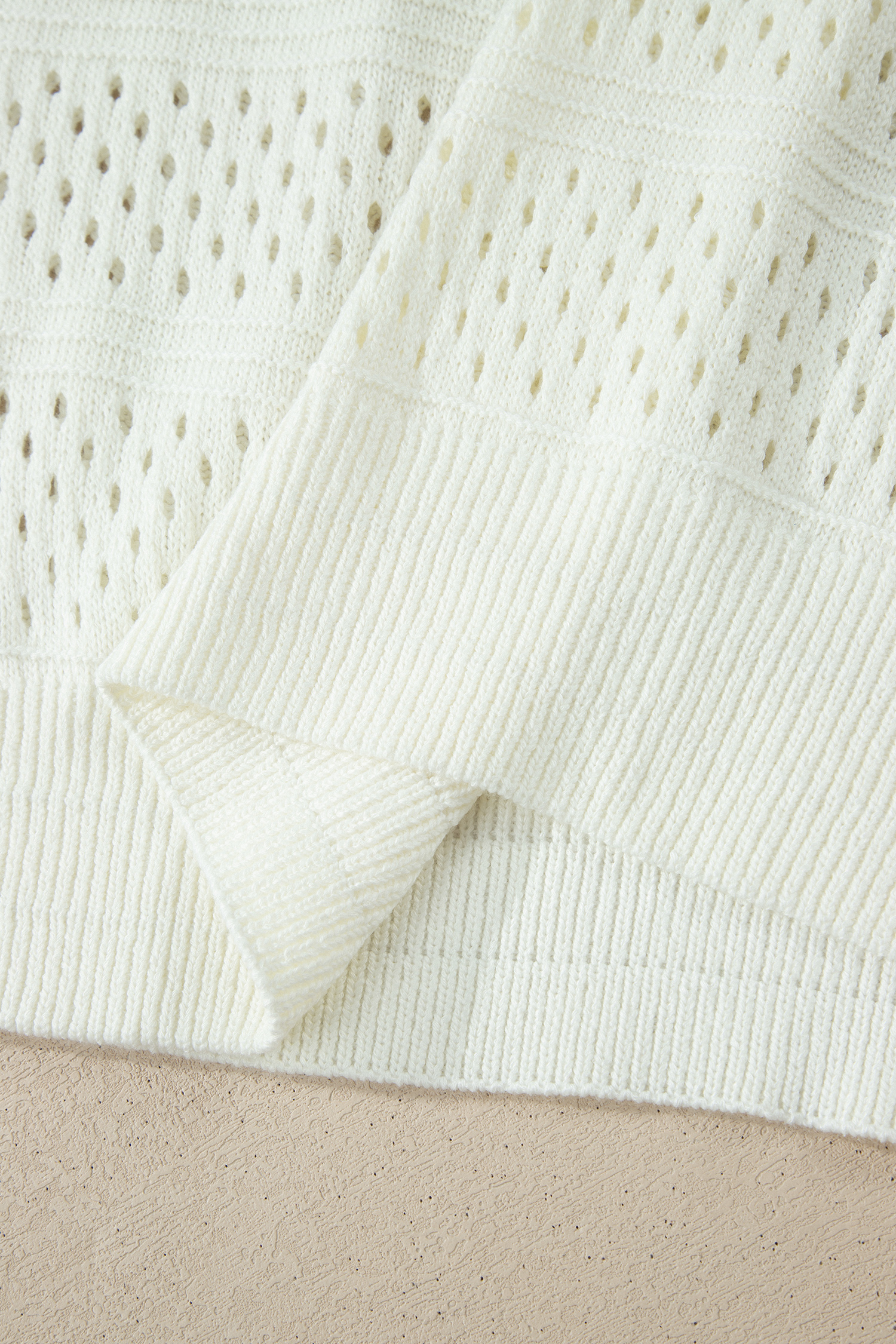 White Plus Size Eyelet Hollow Out Knit Ribbed Trim Short Sleeve Dolman Sweater - Image 7