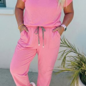 Bonbon Solid V-Neck Tee and Drawstring Plus Size Pants Set