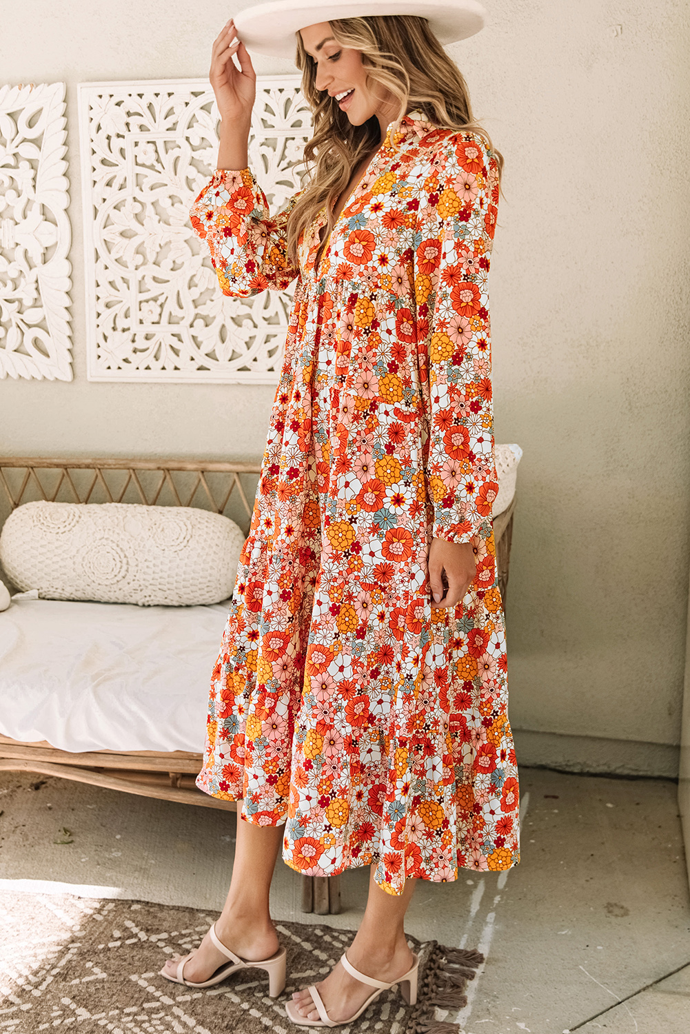 Multicolor Boho Floral Collared Long Sleeve Ruffled Dress - Image 3