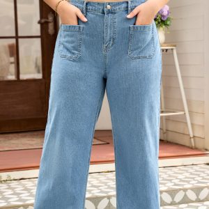 Dusk Blue Patched Pocket Textured Wide Leg Plus Size Jeans