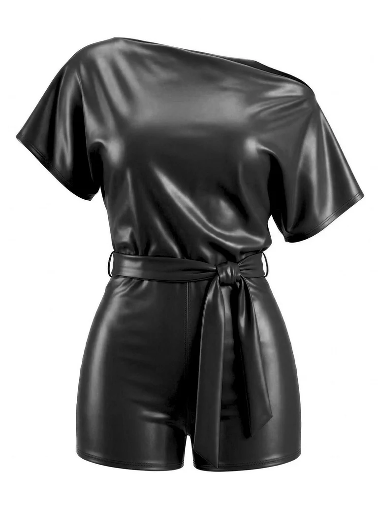 Faux Leather One-Shoulder Belted Romper - Image 3