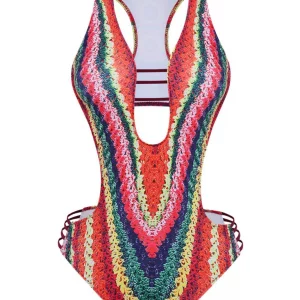 Rainbow Cutout Strappy Faux Crochet Swimsuit