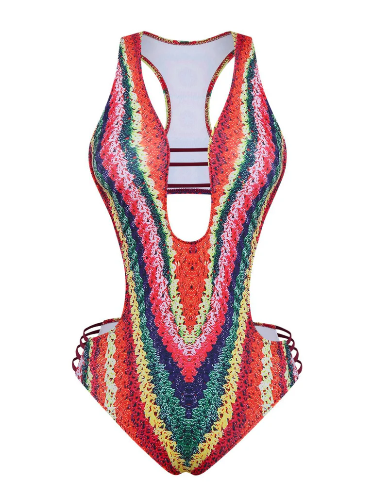 Rainbow Cutout Strappy Faux Crochet Swimsuit