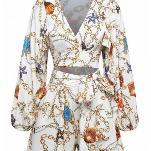 V-Neck Chain Seashell Cutout Romper