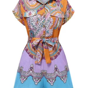 Paisley Shirt-Neck Belted Romper