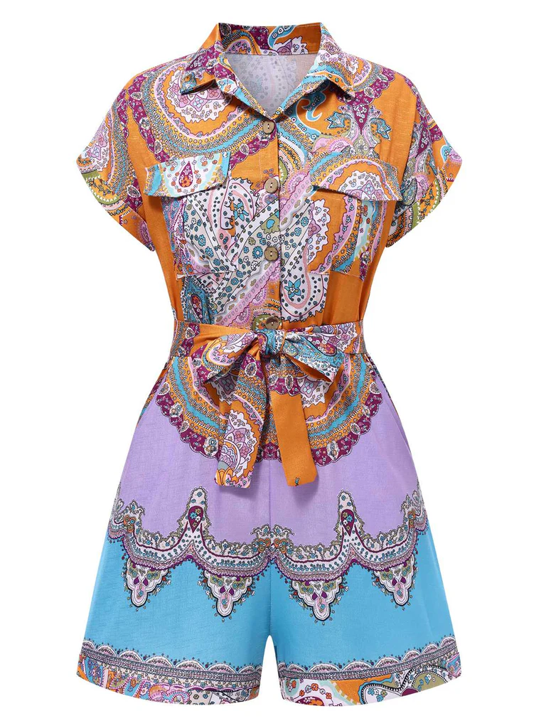 Paisley Shirt-Neck Belted Romper