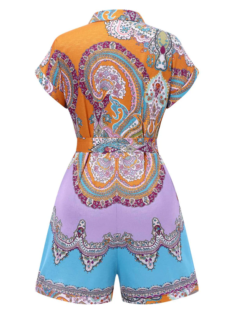 Paisley Shirt-Neck Belted Romper - Image 3