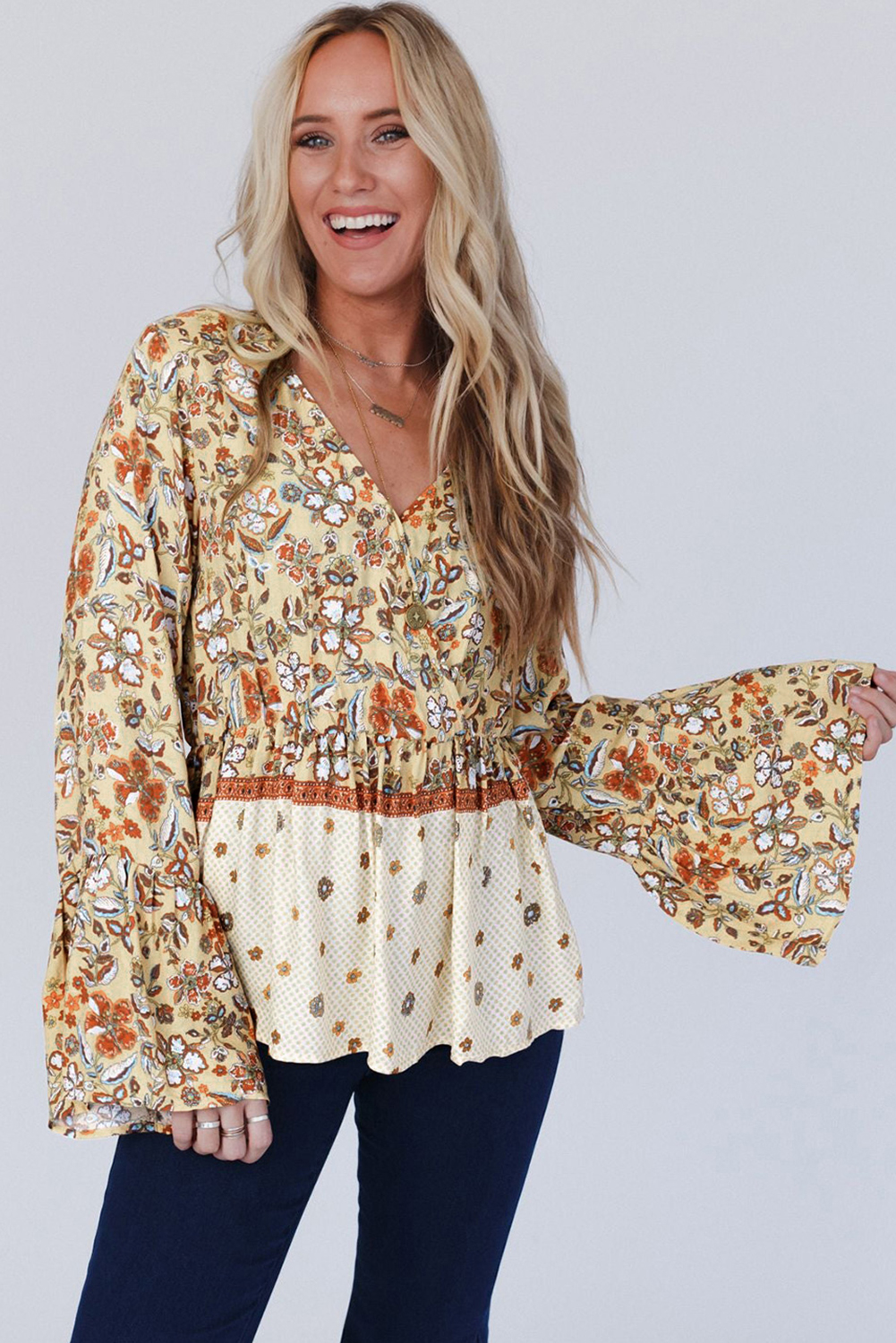 Yellow Printed Floral Bell Sleeve V Neck Wrapped Contrast Peplum Blouse - Image 5