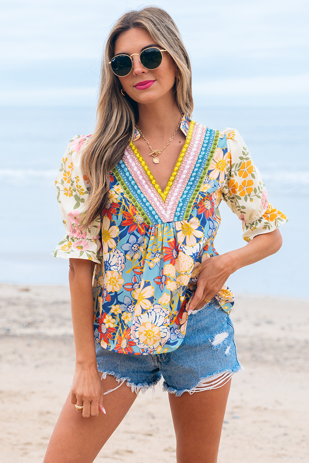 Multicolour Crochet V Neck Half Sleeve Boho Floral Blouse - Image 2