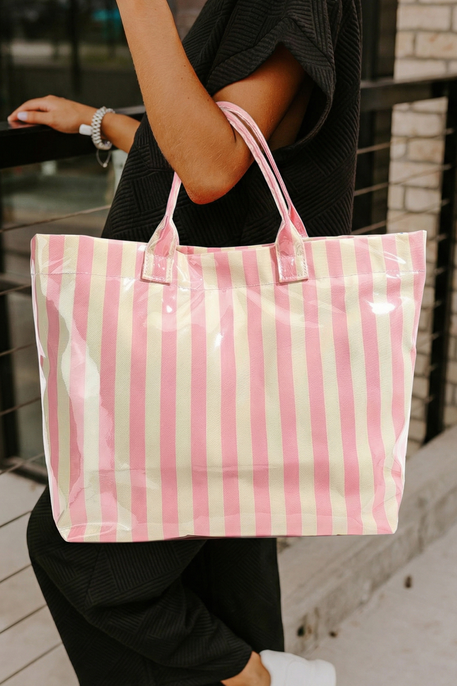 Rainbow Glossy Striped Vinyl Large Tote Bag - Image 4