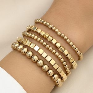 Gold Plated Cube Beaded 5 Pcs Bracelet Set