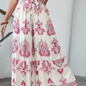 Rose Boho Printed Shirred High Waist Flowy Wide Leg Pants