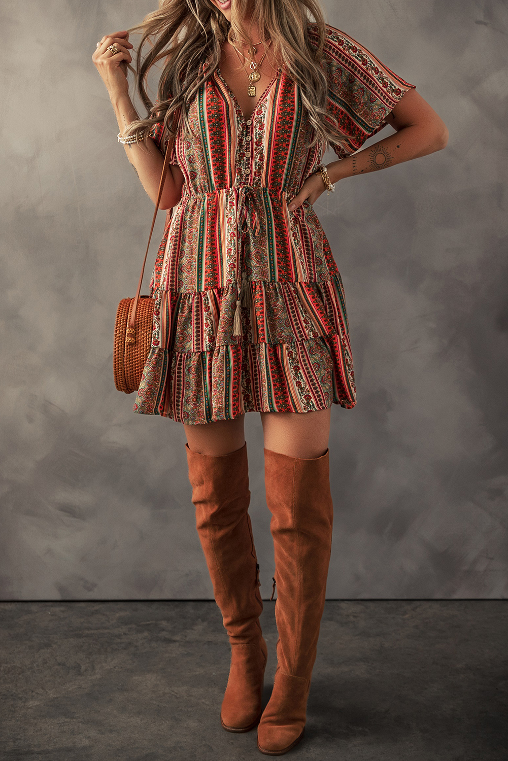 Red Bohemian Floral Print Buttoned V Neck Ruffle Tiered Dress - Image 4