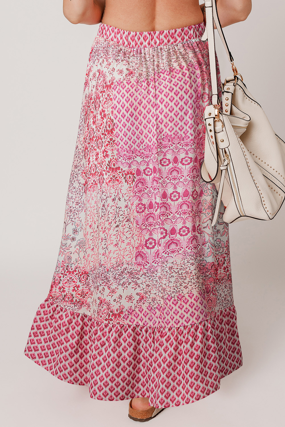 Red Boho Pattern Print Tassel Drawstring Elastic Waistband Maxi Skirt - Image 2