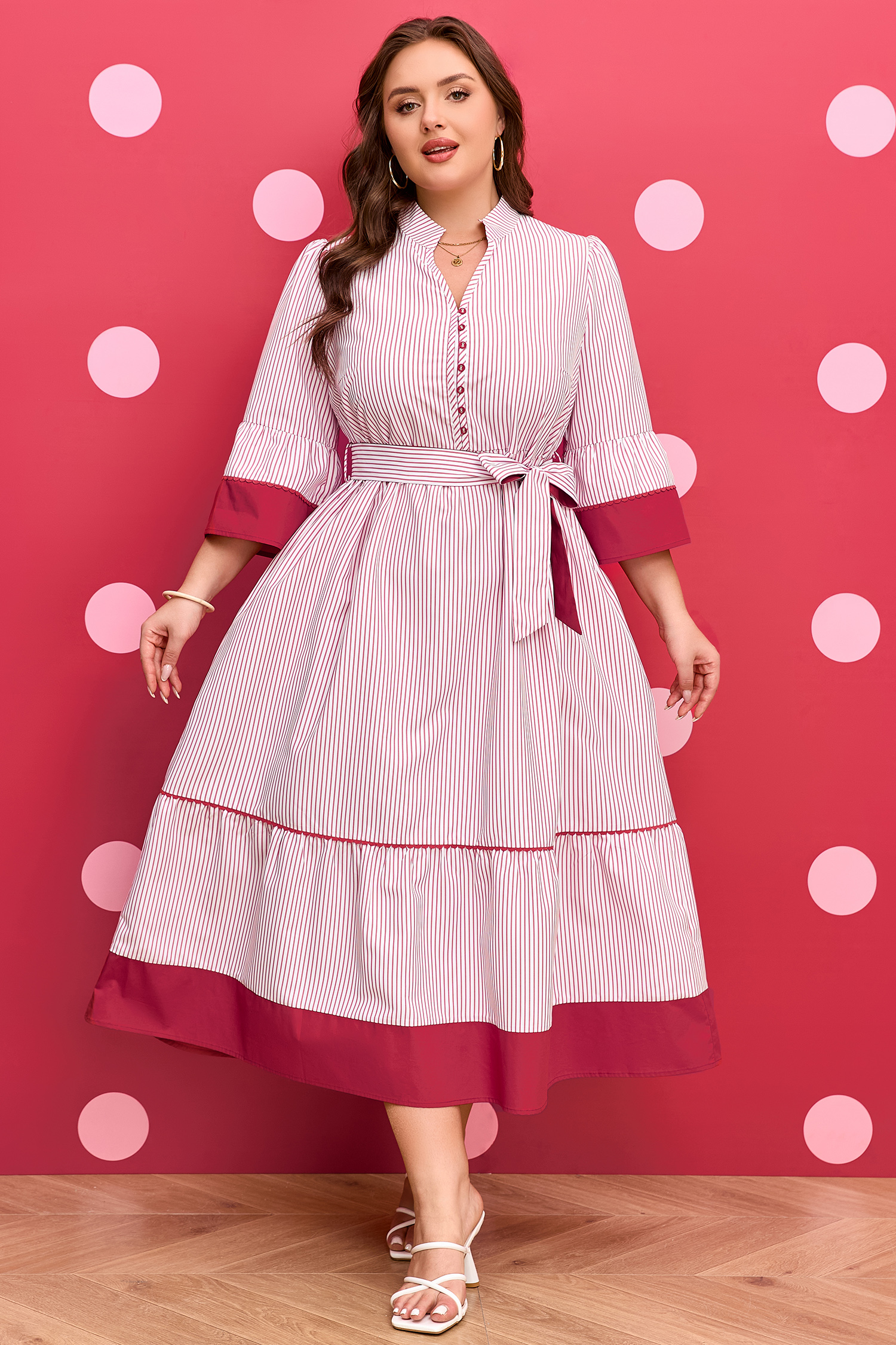 Red Stripe Plus Size Ruffled Hem Pinstriped Midi Dress - Image 5