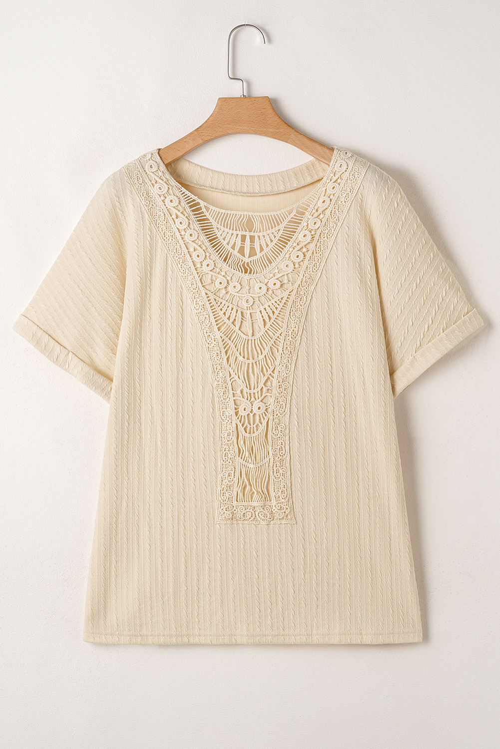 Beige Lace Crochet Patched Cable Textured Cuffed Short Sleeve Plus Size Top - Image 7