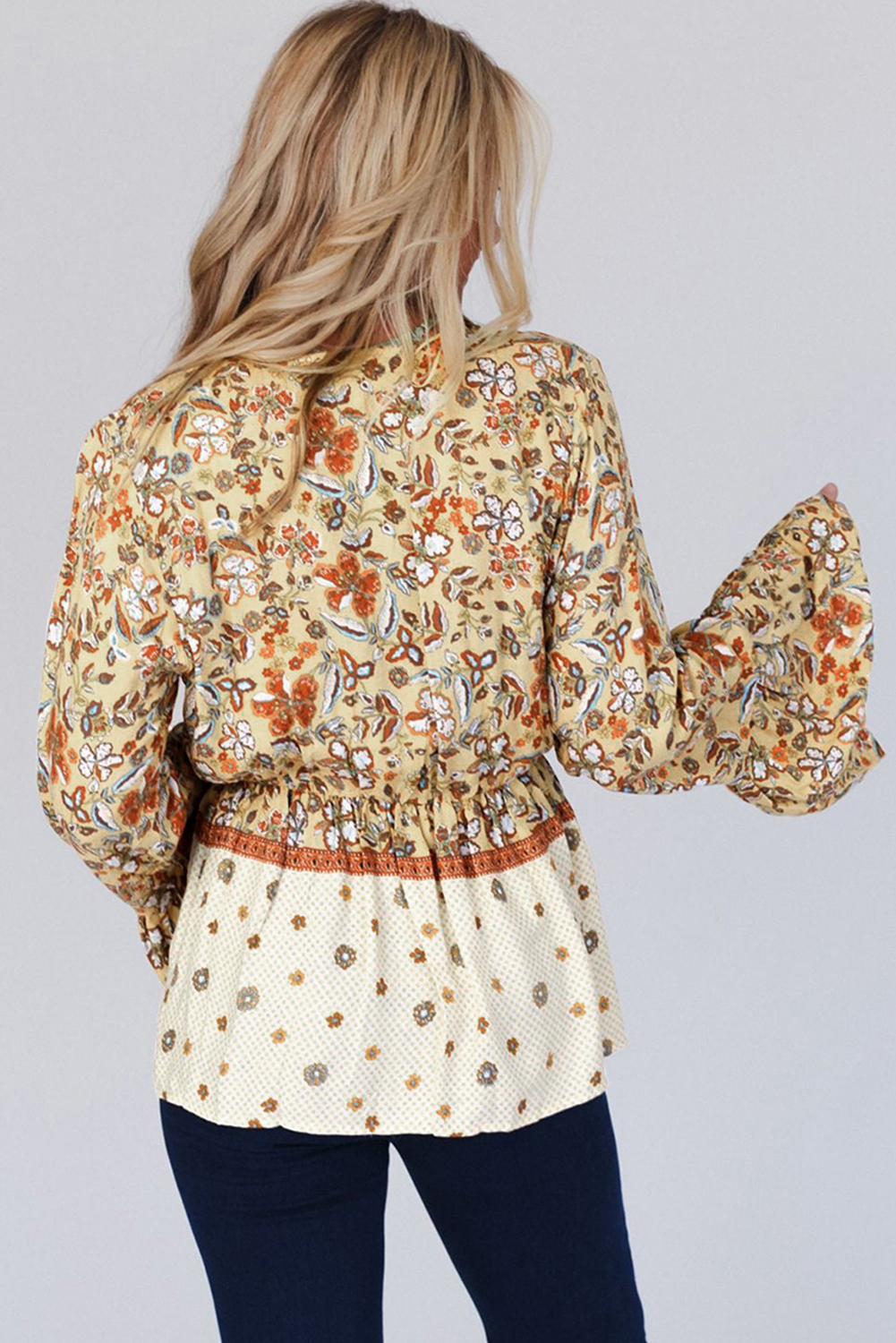 Yellow Printed Floral Bell Sleeve V Neck Wrapped Contrast Peplum Blouse - Image 2