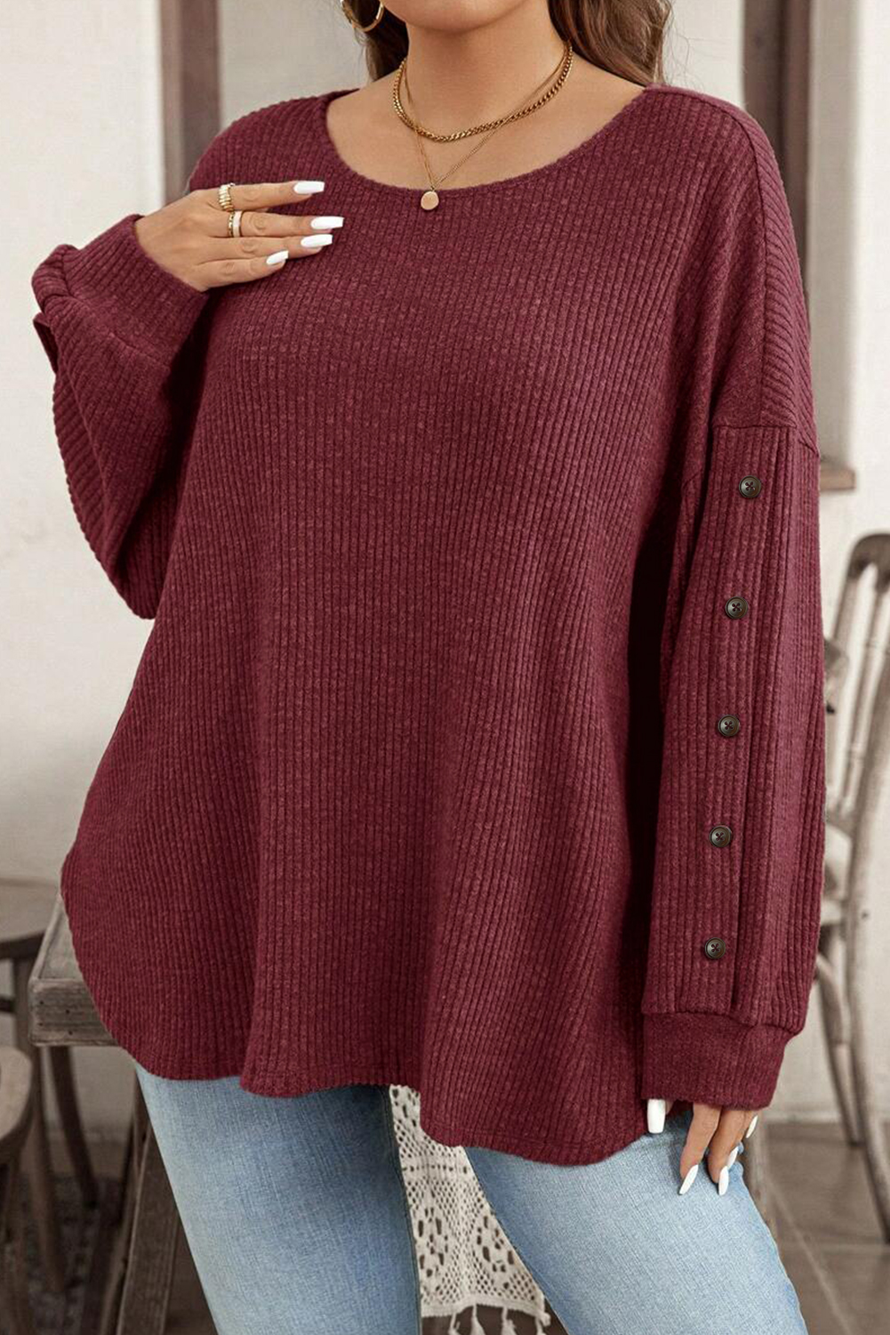 Wild Ginger Plus Size Ribbed Button Decor Long Sleeve Loose Top - Image 8