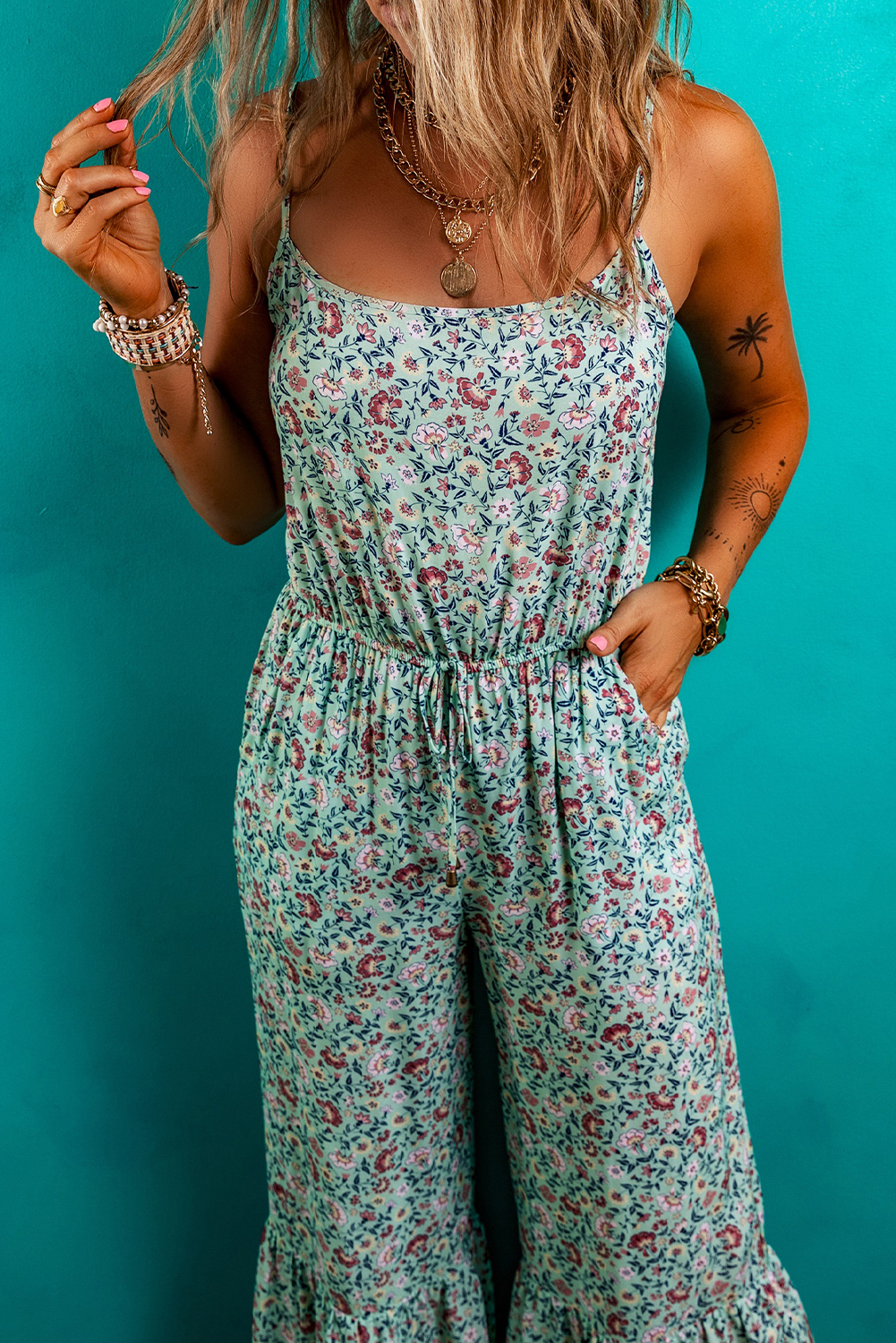 Green Bohemian Floral Ruffle Bottom Spaghetti Strap Jumpsuit - Image 5