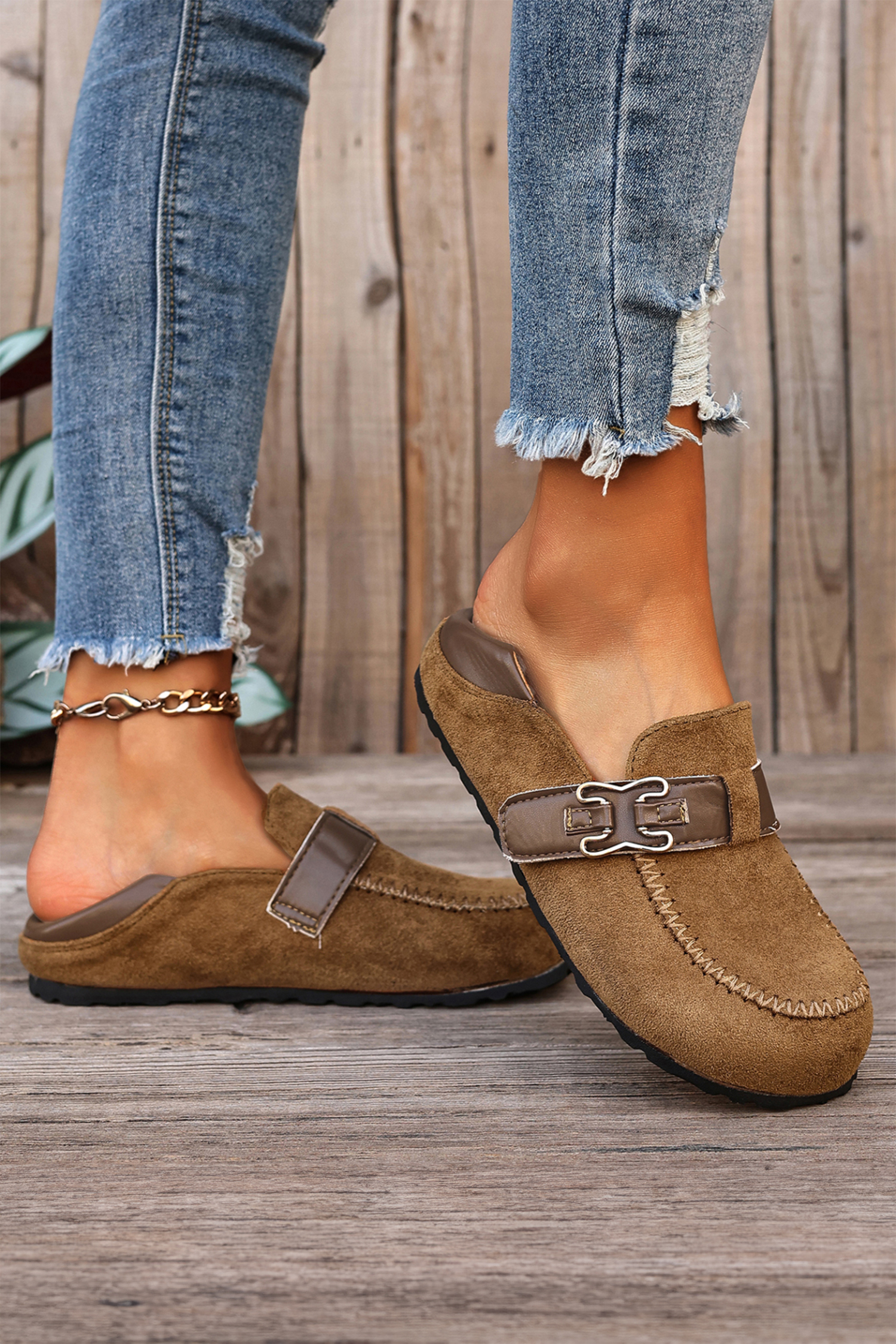 Khaki Faux Suede PU Leather Patchwork Retro Buckle Slip On Shoes - Image 3
