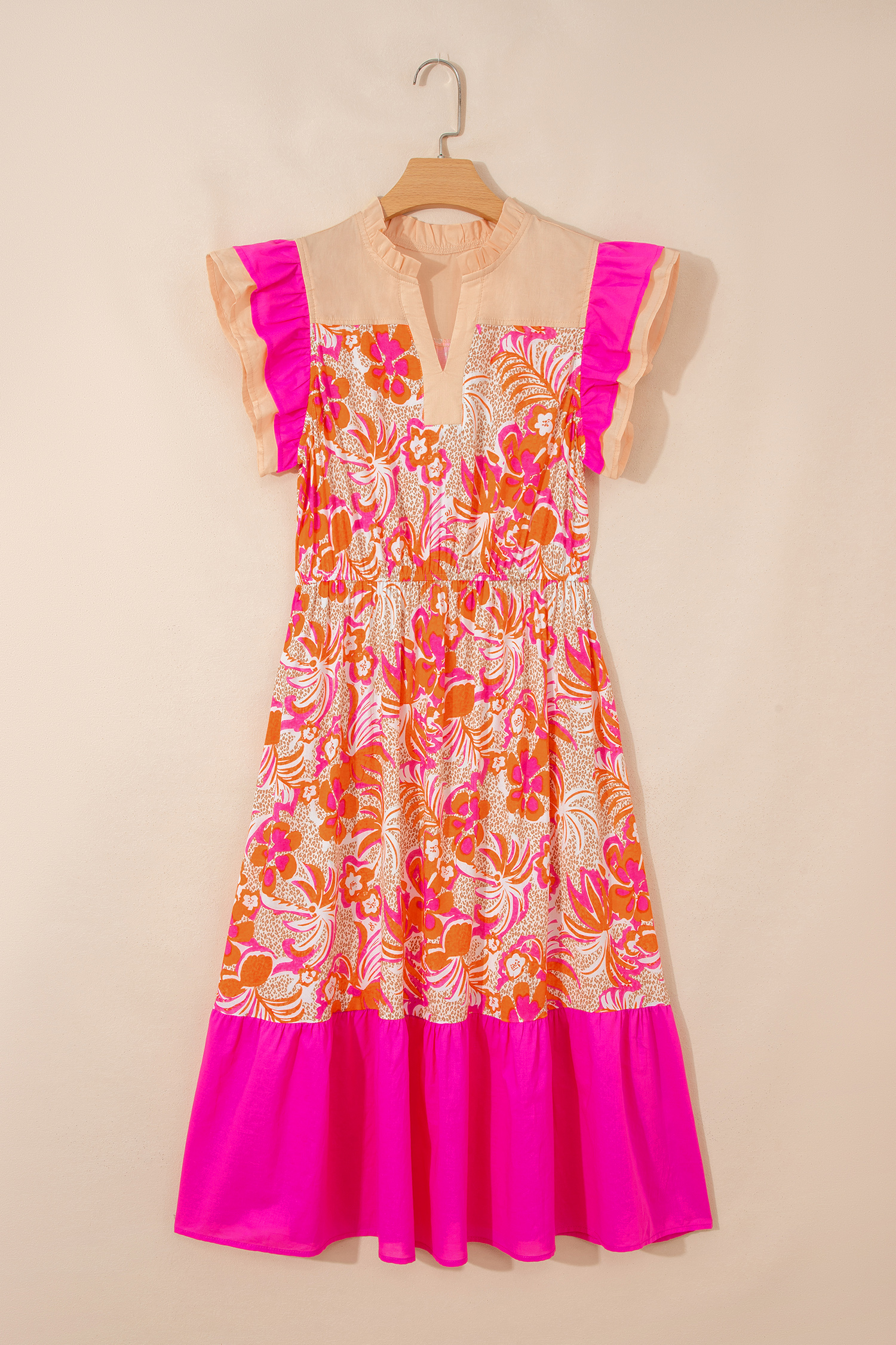 Rose Floral Print Color Block Ruffled Short Sleeve Flared Midi Dress - Image 4