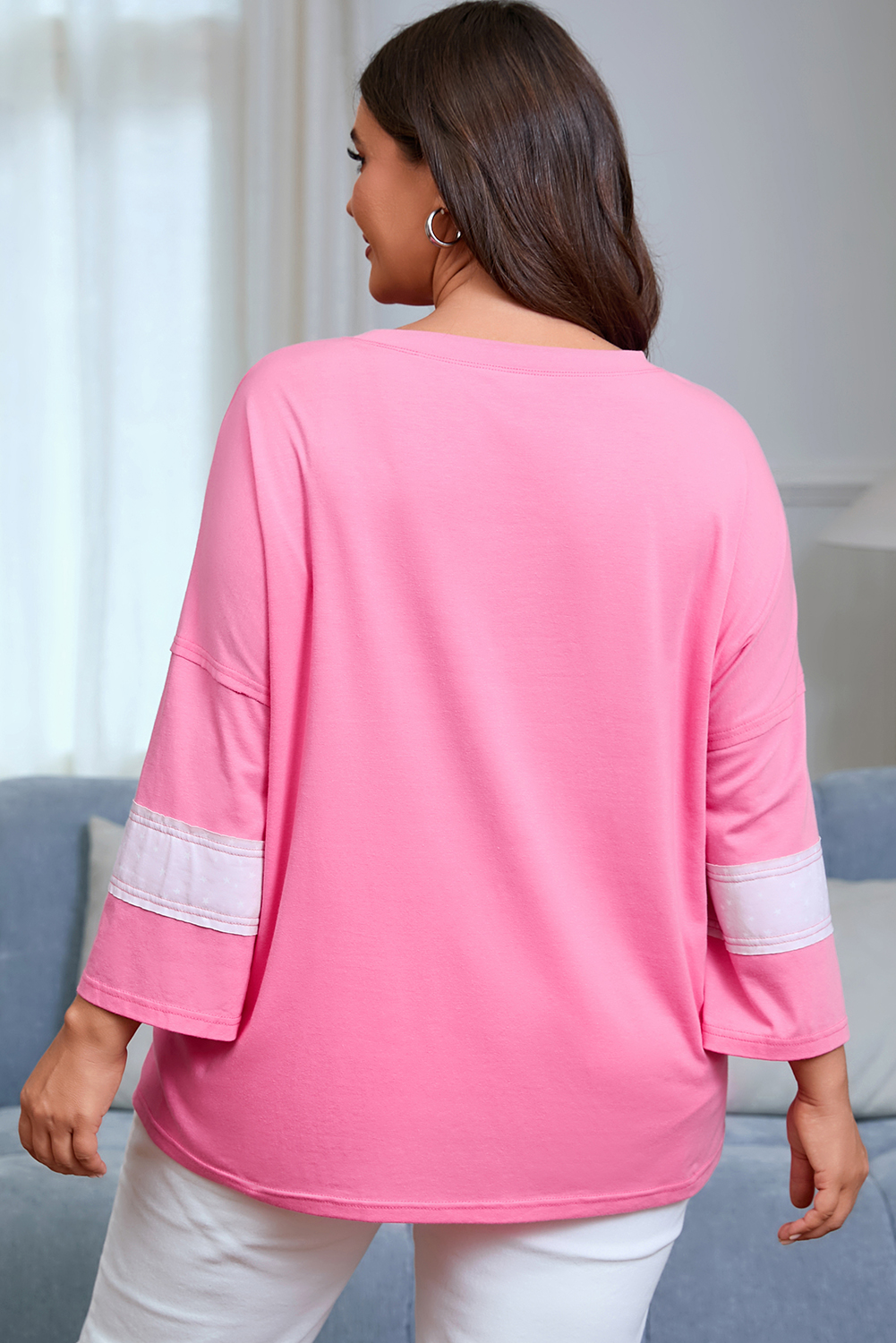 Pink Star Patched Colorblock Raw Edge Bracelet Sleeve Plus Size Loose Tee - Image 2