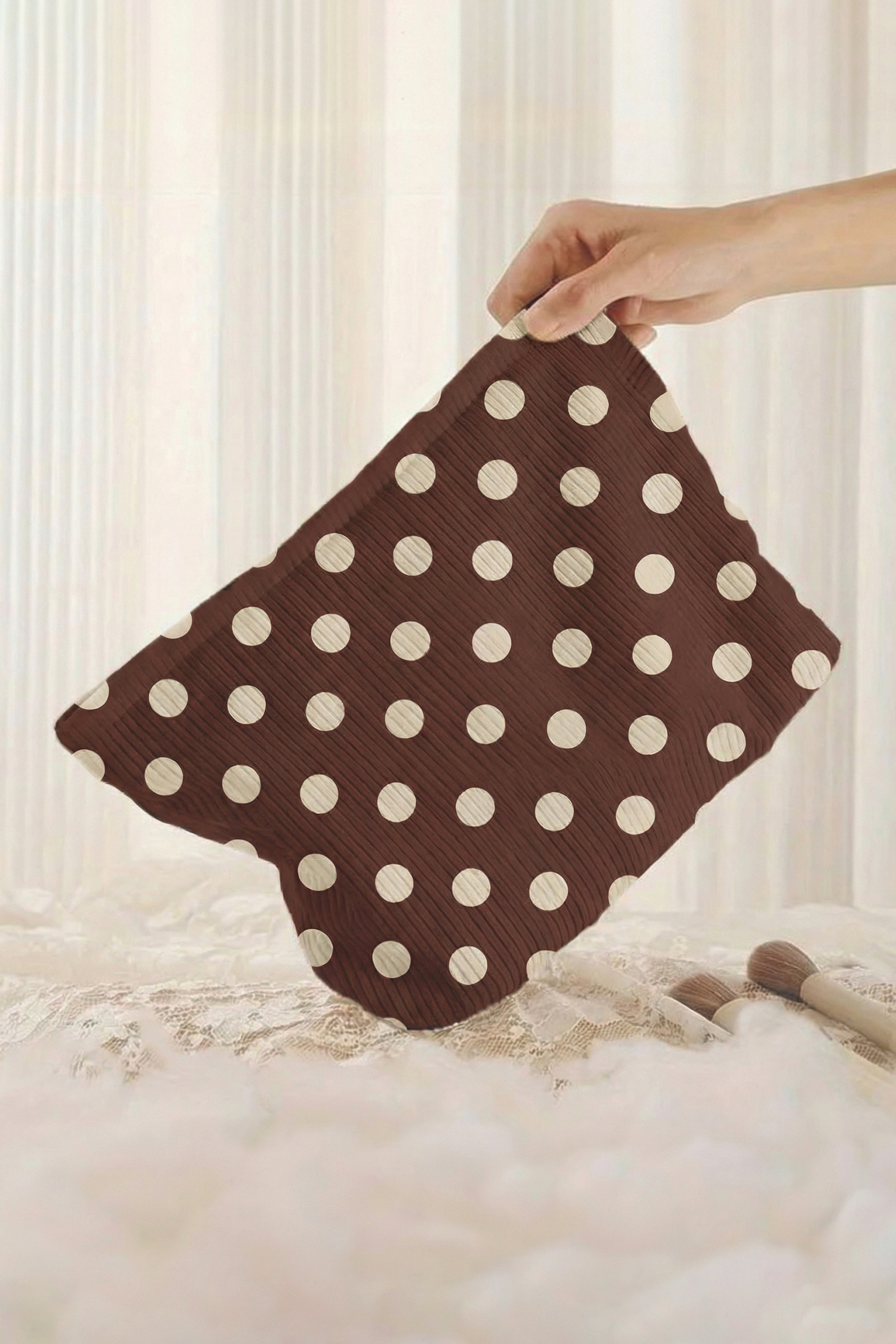 Coffee Polka Dot Printed Corduroy Storage Makeup Bag - Image 2