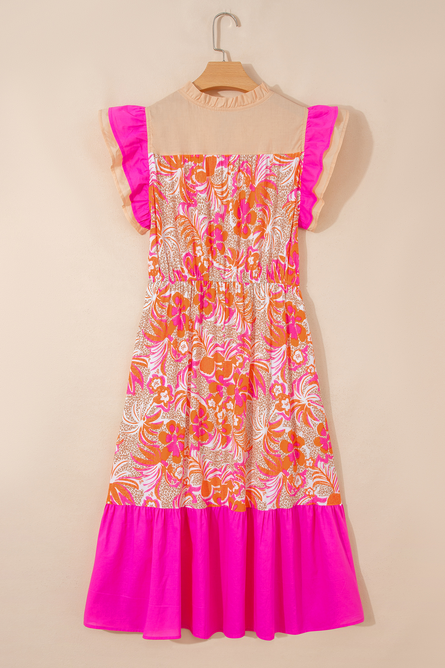 Rose Floral Print Color Block Ruffled Short Sleeve Flared Midi Dress - Image 5