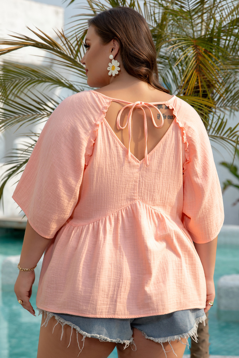 Apricot Pink Plus Size Textured Wide Short Sleeve Babydoll Blouse - Image 2
