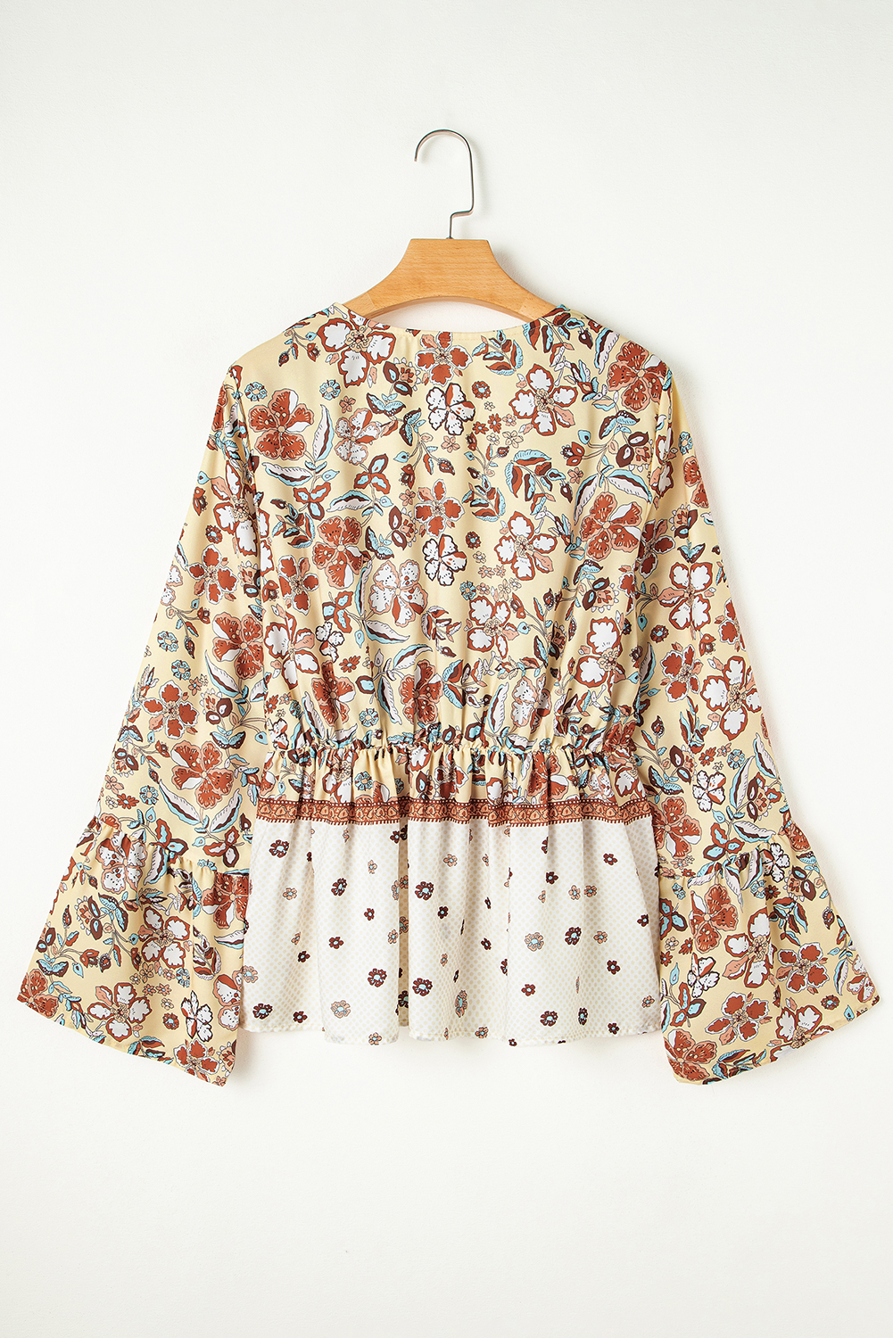Yellow Printed Floral Bell Sleeve V Neck Wrapped Contrast Peplum Blouse - Image 7