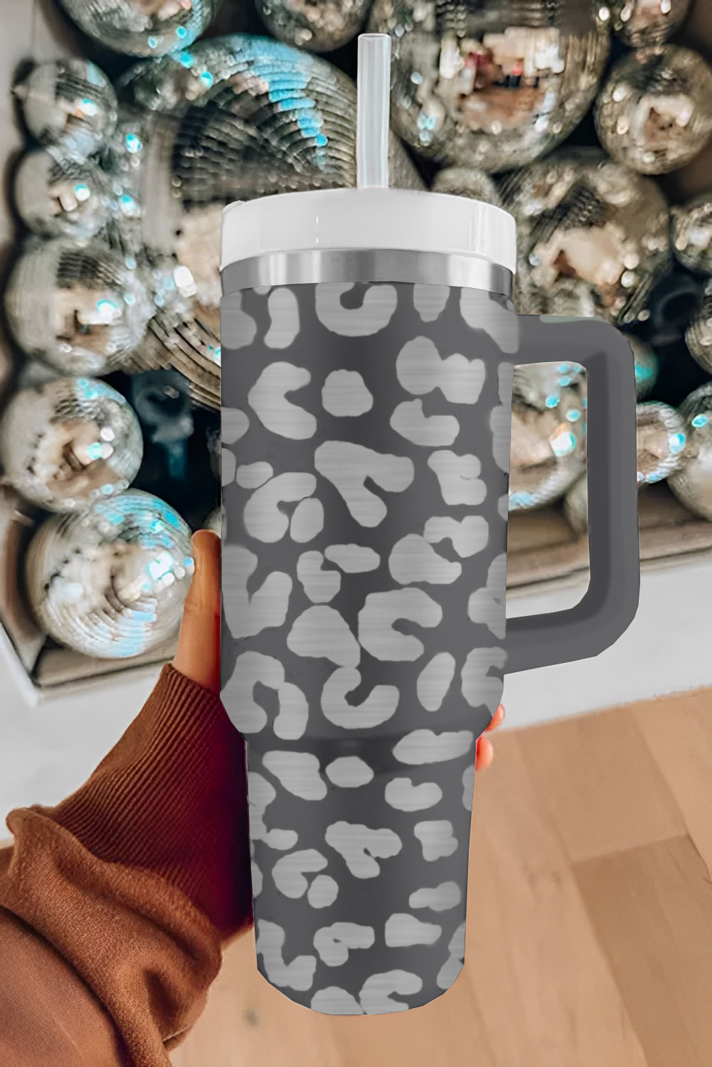 Gray Leopard Print 40OZ Stainless Steel Portable Cup with Handle - Image 8