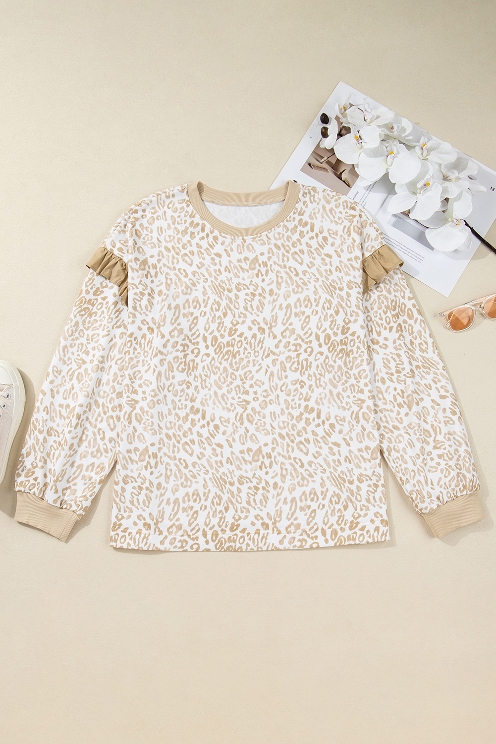 Khaki Plus Size Ruffled Arm Leopard Sweatshirt - Image 8
