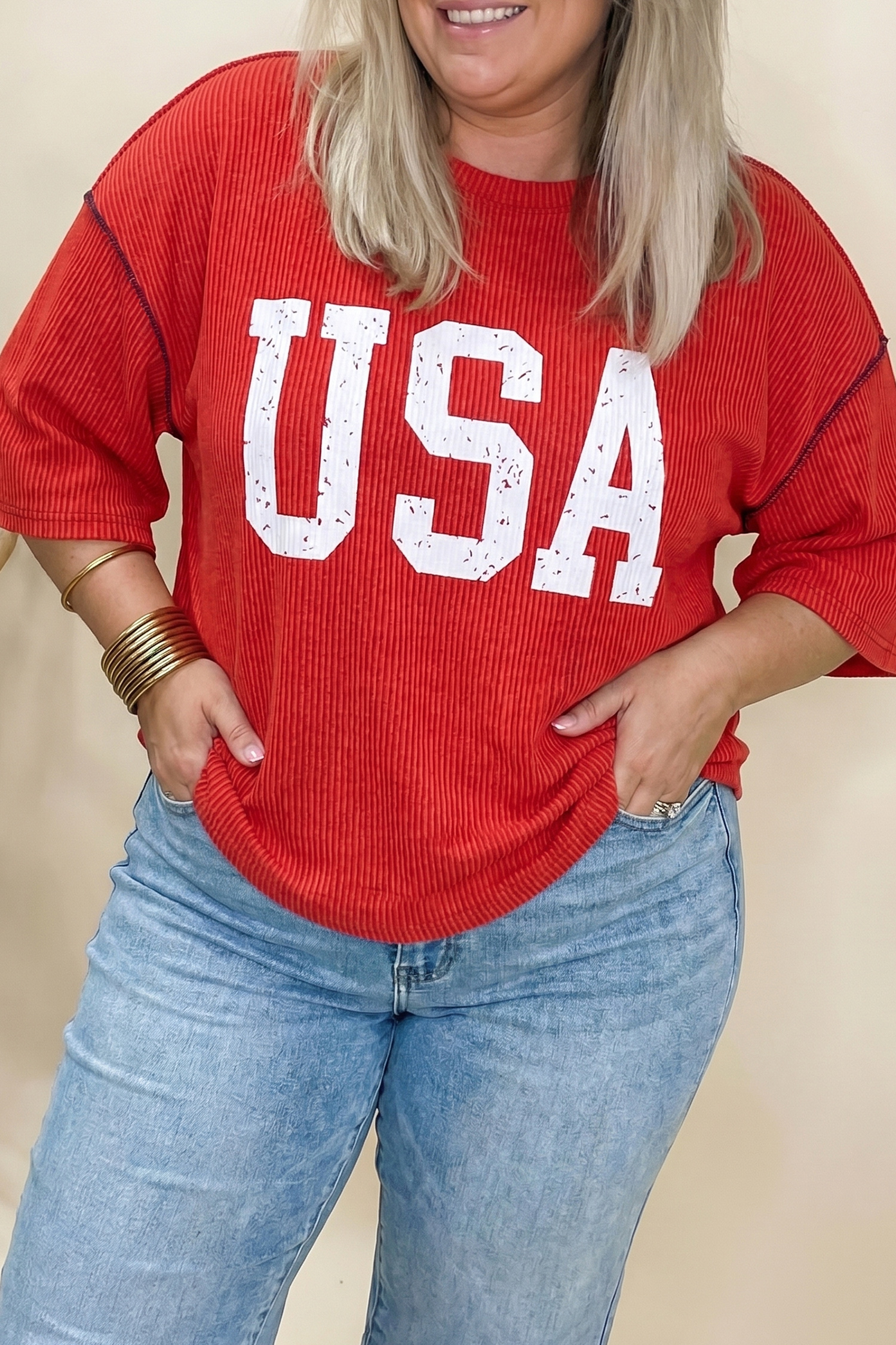 White Plus Size Twisted Rib Vintage USA Letter Printed T Shirt - Image 4