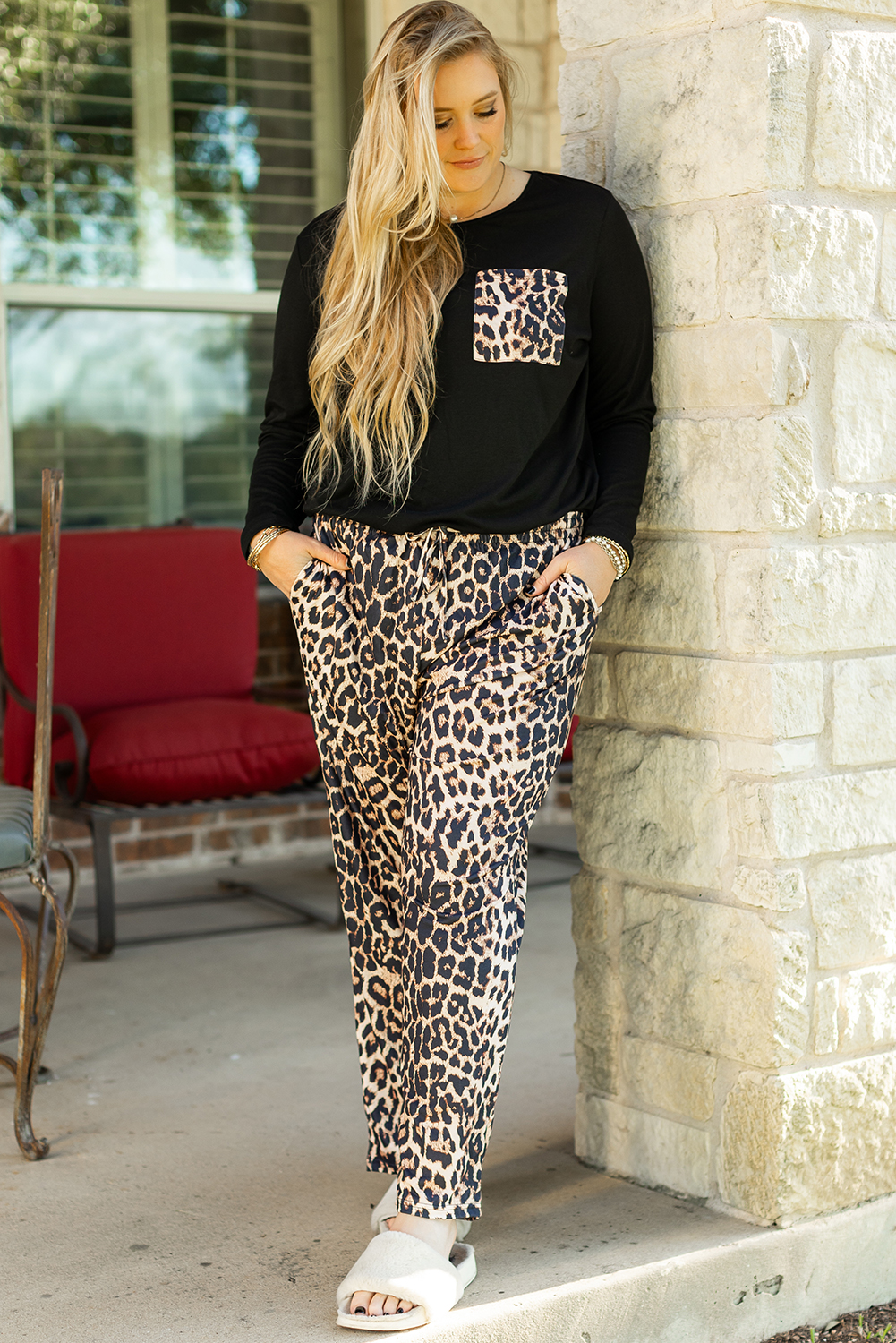 Black Leopard Patched Pocket Long Sleeve Top Plus Size Pants Set - Image 4